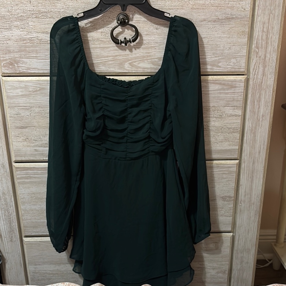 Altar'd State Lori Fit Flare Long Sleeve Dress- Dark Green